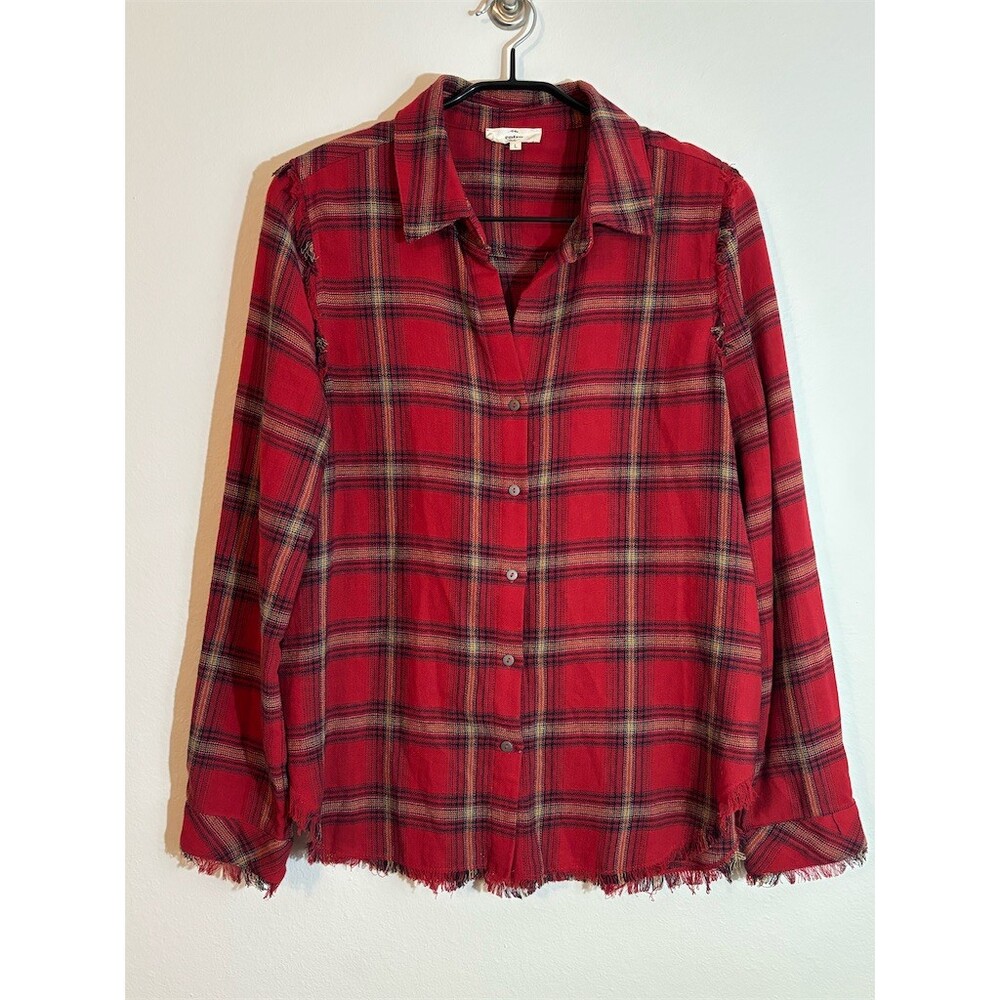 Entro Button-Up Shirt Womens Size L Red Black Plaid Fringe Hem
